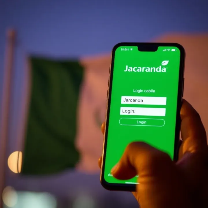 Mobile phone displaying Jacaranda login screen with Nigerian flag in background