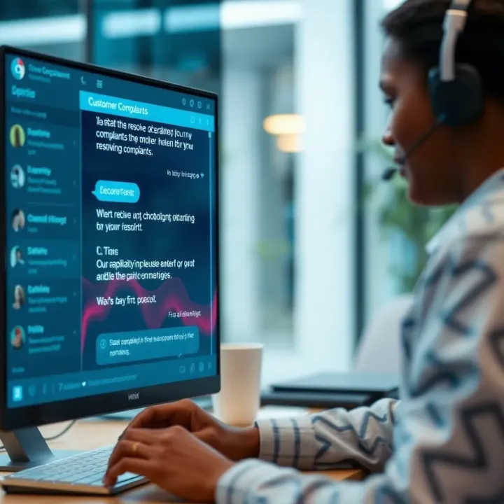 User interacting with digital platform showing customer support chat for resolving complaints