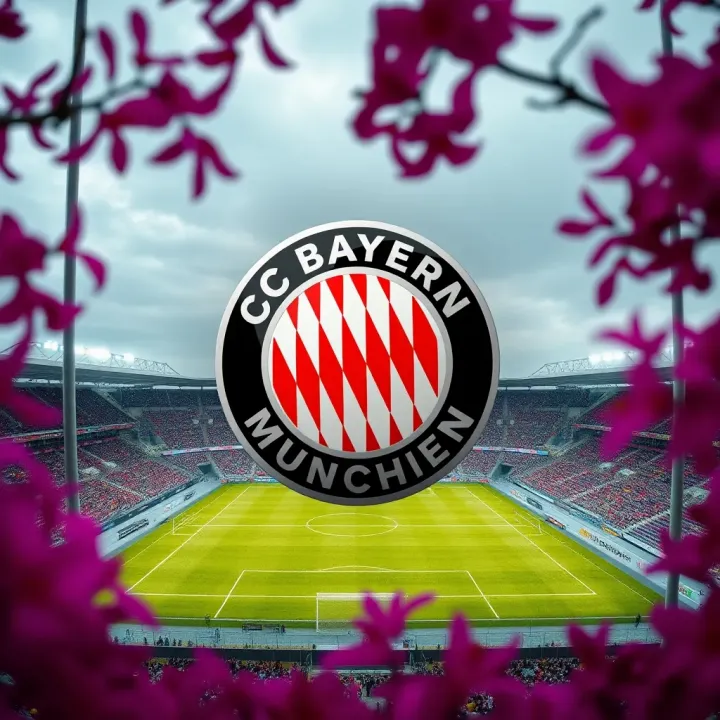 Bayern Munich football club logo with a stadium backdrop