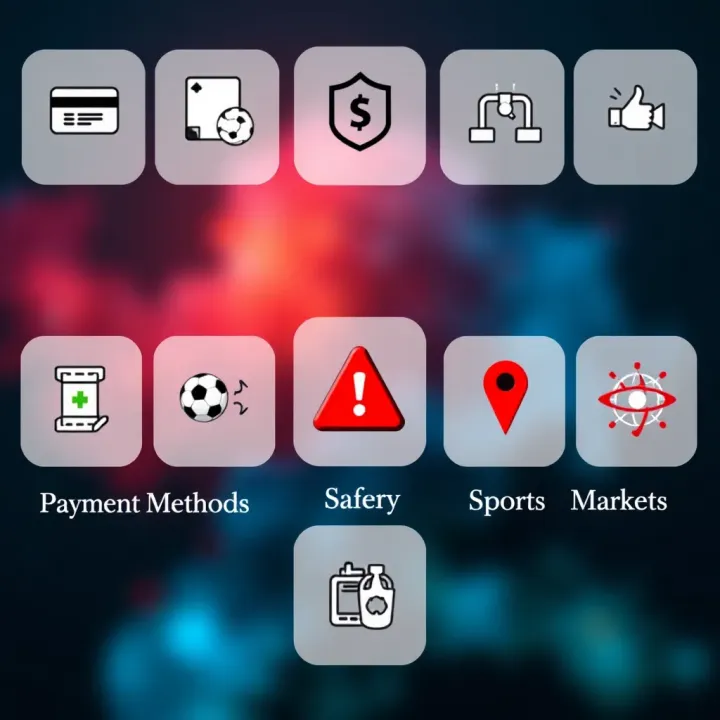 Icons representing payment options, safety features, and sports markets on betting sites