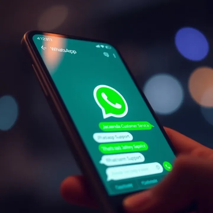 Smartphone screen showing a WhatsApp chat interface with Jacaranda customer support conversation