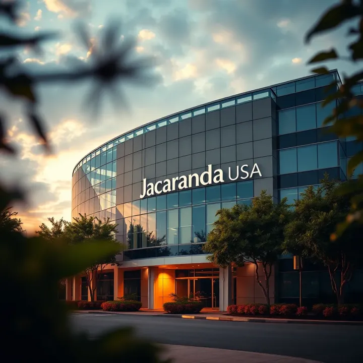 Modern office building with Jacaranda USA logo symbolizing corporate business presence