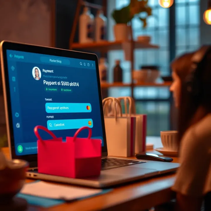 Illustration of payment options and customer support chat interface on Web Jacaranda Shop