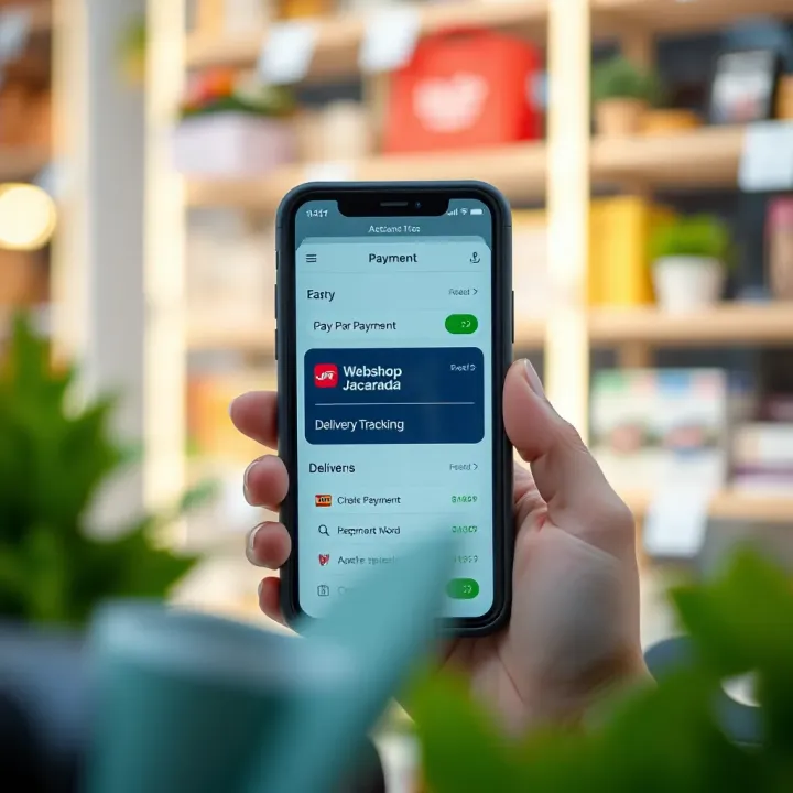 Mobile device displaying payment options and delivery tracking for Webshop Jacaranda
