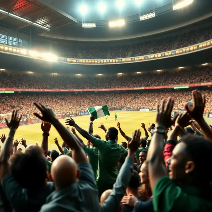 Illustration showing a vibrant football stadium with enthusiastic fans celebrating a goal