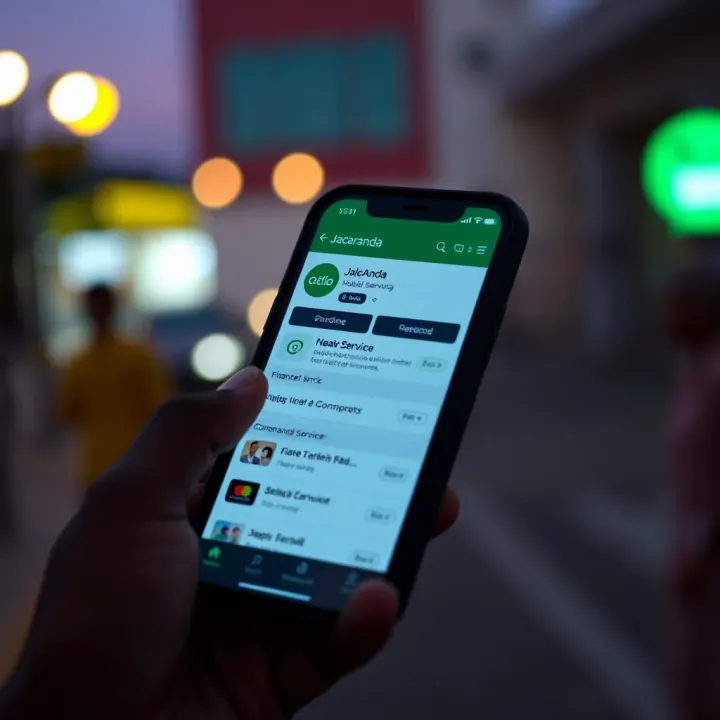 Mobile phone screen showing the old Jacaranda Mobile app interface with financial service options