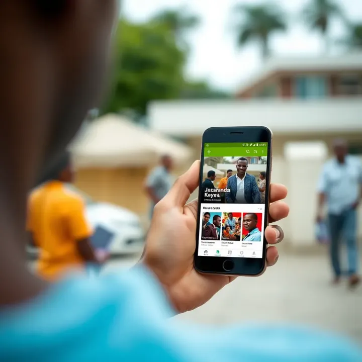 Smartphone displaying Jacaranda Kenya app interface with Kenyan cultural content