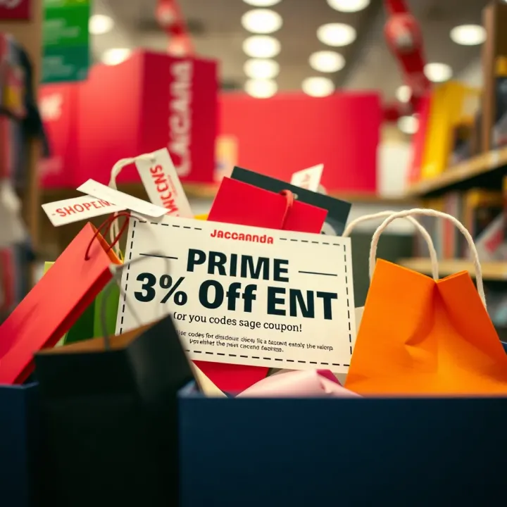Illustration of a discount coupon surrounded by shopping bags and price tags