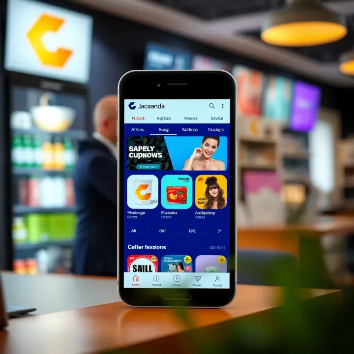 Overview of Jacaranda Shop mobile interface showing product categories and navigation options