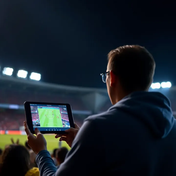 User watching live football streaming on a digital device with vibrant stadium lights in the background