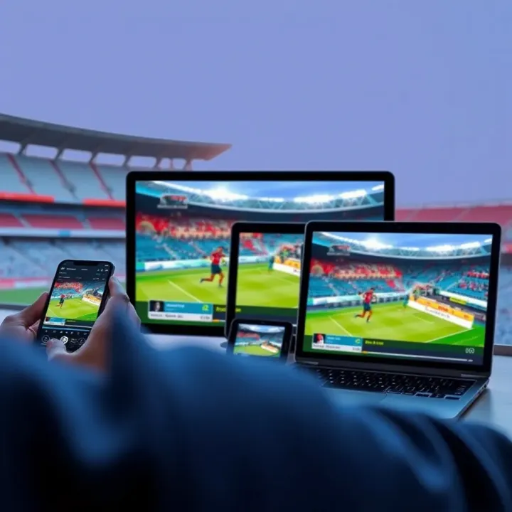 Various devices including smartphone, tablet, and laptop displaying sports streaming content