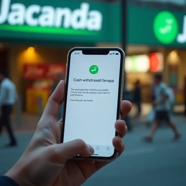 Smartphone showing confirmation of successful withdrawal transaction on Jacaranda app