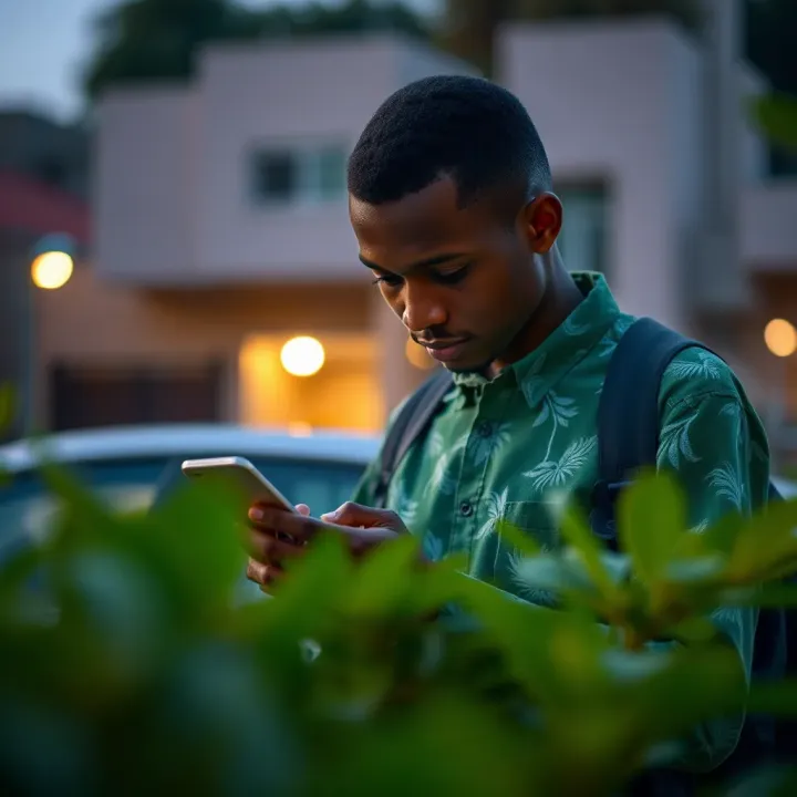 Illustration of a Nigerian user accessing money through SMS commands on a mobile device without internet