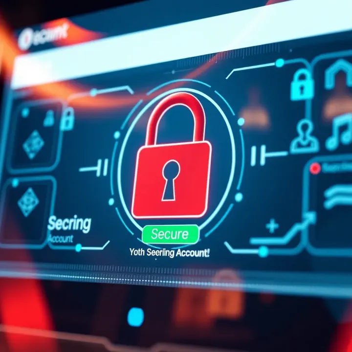 Secure account access with padlock symbol and digital security elements around a login interface