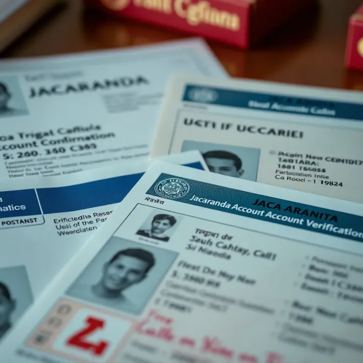 Close-up view of official documents and identification cards required for Jacaranda account confirmation