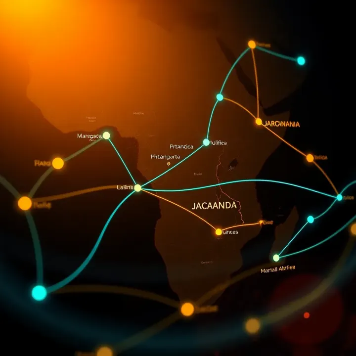 Map of Africa highlighting major cities connected by Jacaranda Africa's business network