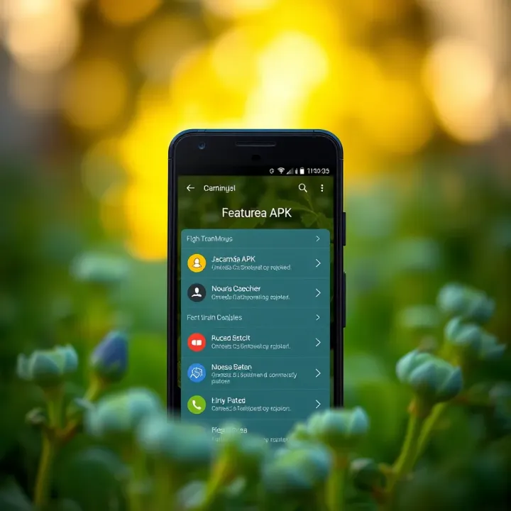 Illustration of Android device displaying Jacaranda APK features menu