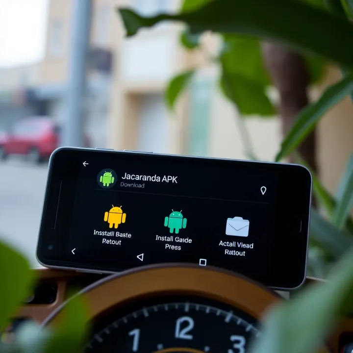 Visual guide illustrating the Android device with download and installation icons for Jacaranda app APK