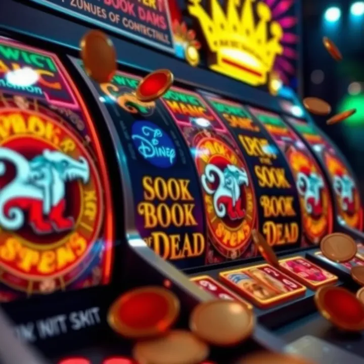 Illustration of slot machine reels featuring Jacaranda Book of Dead symbols with floating coins and bright lights
