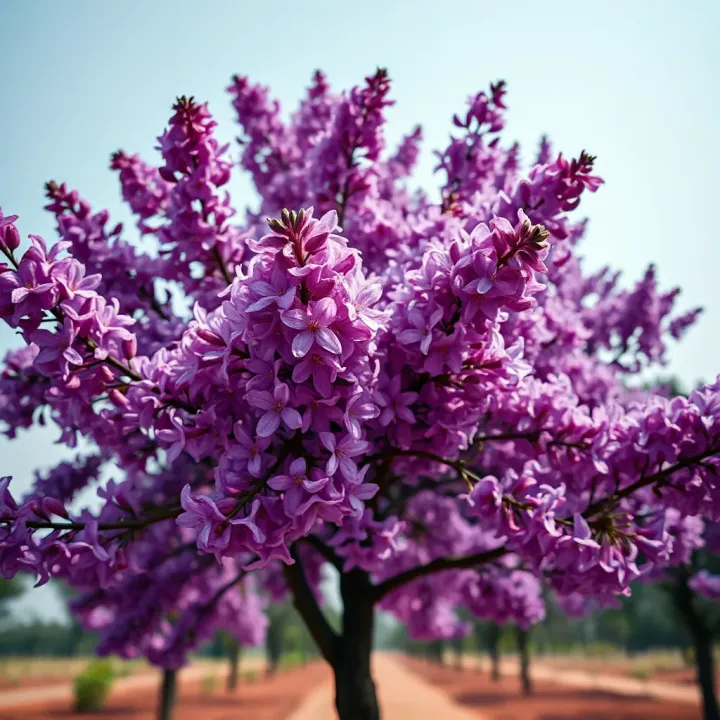 Jacaranda tree with vibrant purple blossoms in a Cameroonian landscape