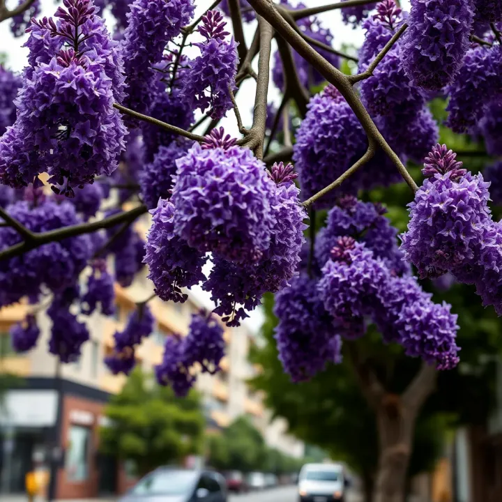 Jacaranda Tree Blooming in Urban Cameroon Jacaranda tree with vibrant purple flowers blooming in a Cameroonian urban setting