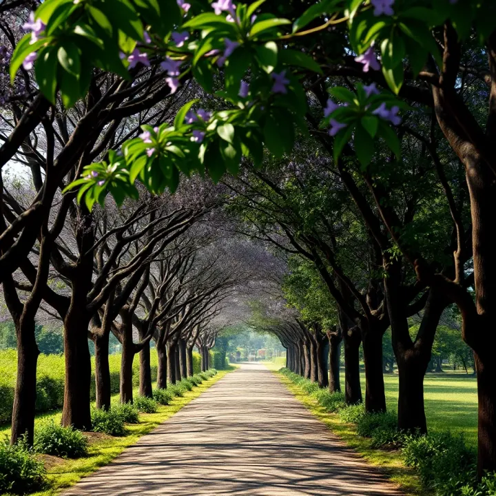 Shaded Pathway Under Jacaranda Canopy in Cameroon Shaded pathway lined with jacaranda trees showcasing their lush canopies and natural habitat