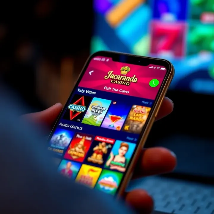 Mobile phone displaying Jacaranda Casino app interface with vibrant game selections