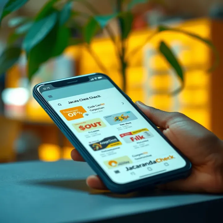 Illustration of a smartphone displaying various Jacaranda Check coupons with discount offers for Nigerian shoppers