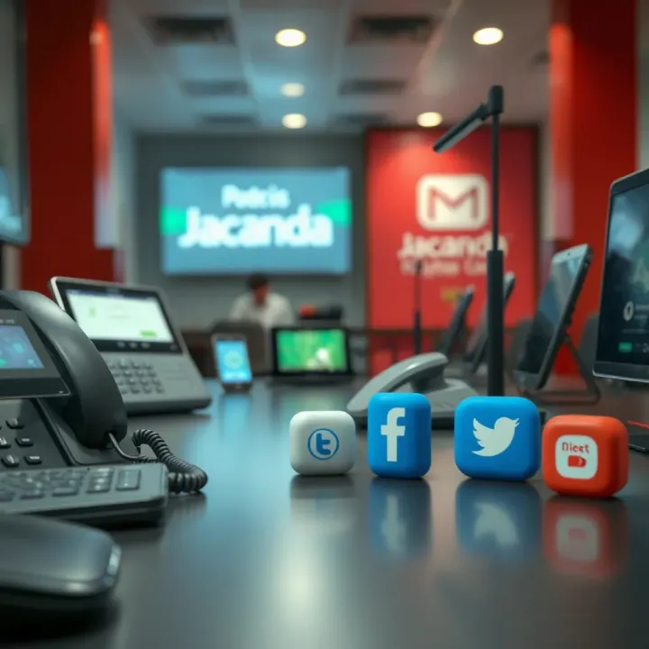 Various communication devices including phone, email, and social media icons