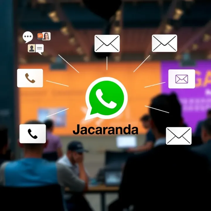 Illustration of multiple communication icons like phone, chat bubbles, and email around Jacaranda logo