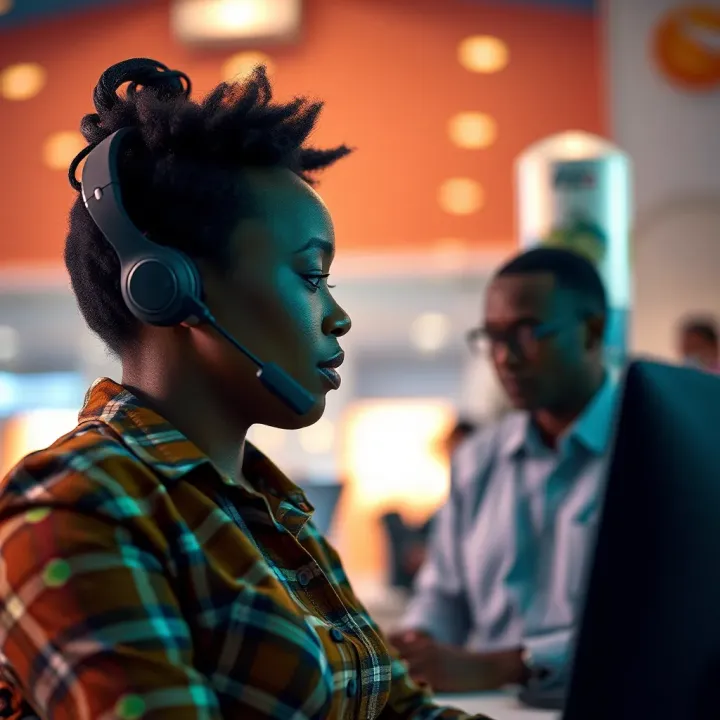 Customer service representative assisting a caller with a headset