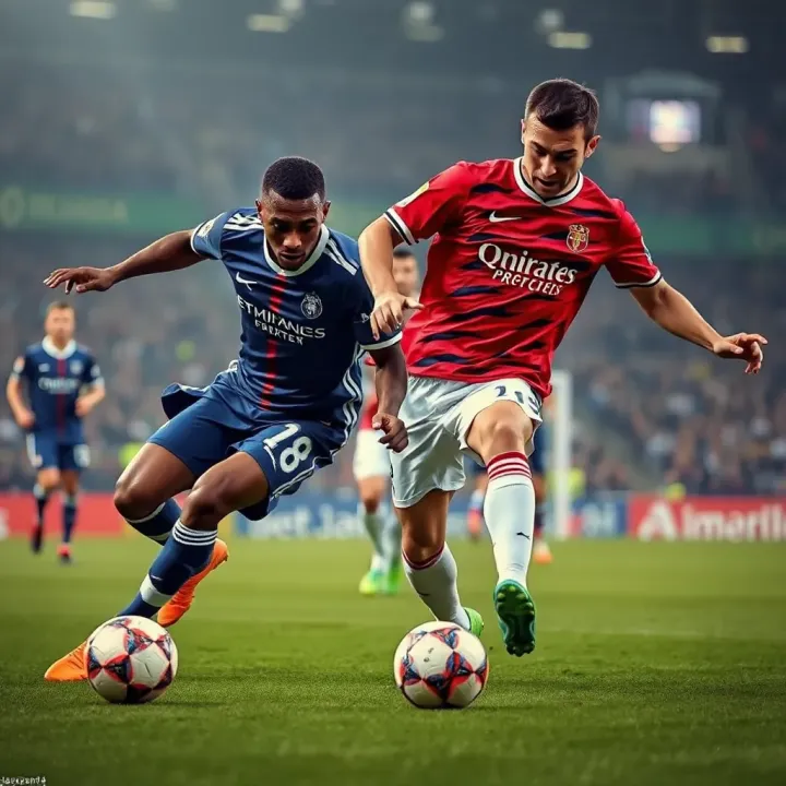 Soccer players competing intensely on the pitch during Europa League match
