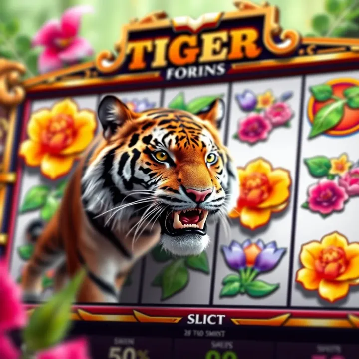 Colorful slot reels featuring tiger and exotic floral symbols in Jacaranda Fortune Tiger demo game
