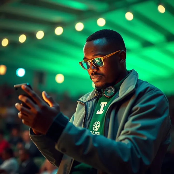 Illustration showing Nigerian betting enthusiast accessing Jacaranda free bet bonus on digital device