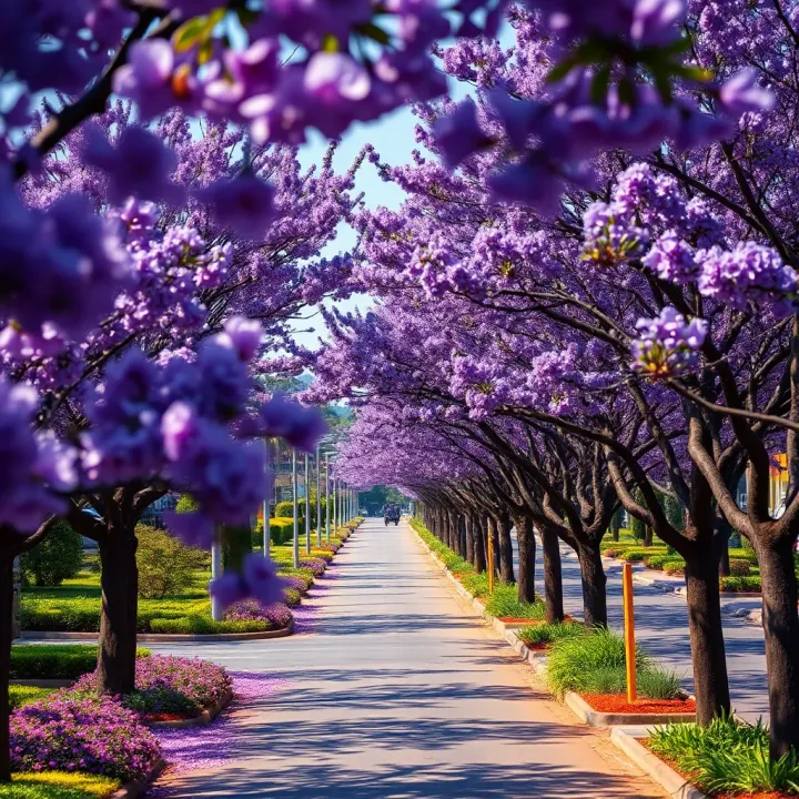 Blooming purple jacaranda trees lining a street in a Rwandan urban area
