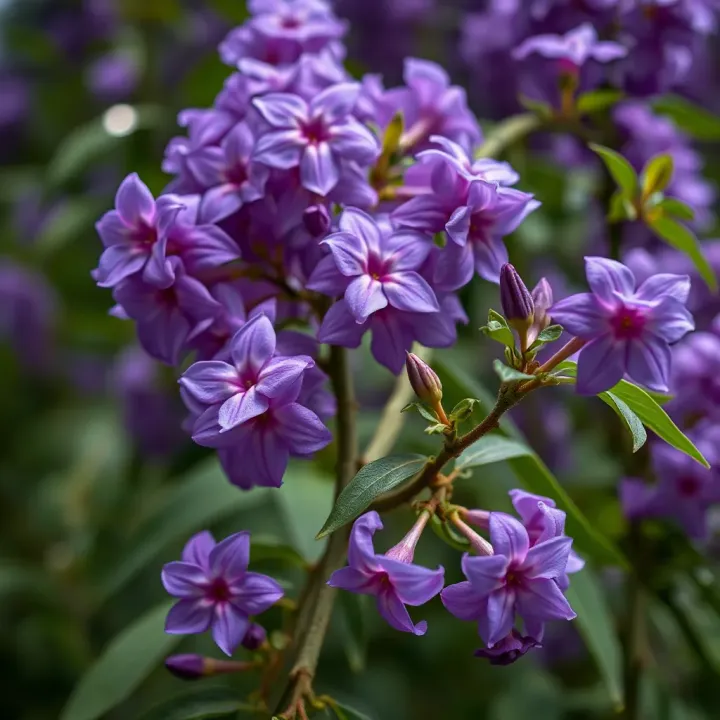 Close-up of vibrant jacaranda flowers with green foliage in a natural setting