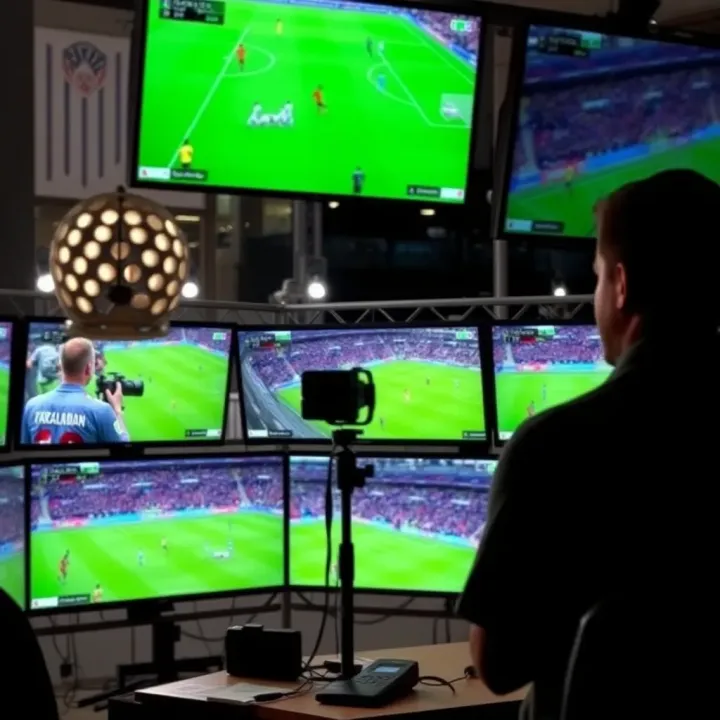 Jacaranda Football Coverage and Expert Analysis Broadcast setup showing multiple screens with live football coverage and analysis