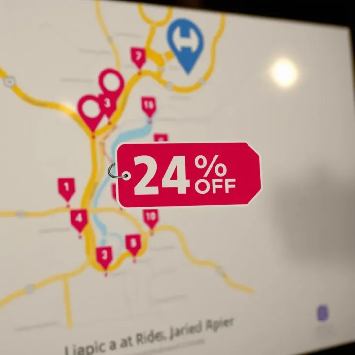 Illustration of a map with various ride routes and a promo tag symbol indicating special discounts for loyal users