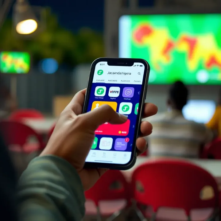 User navigating Jacaranda Nigeria platform on a smartphone with vibrant Nigerian digital icons