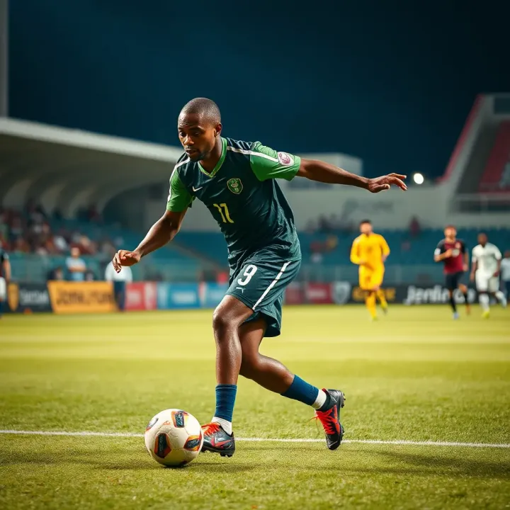 Dynamic view of a football match highlighting Nigerian athletes in action