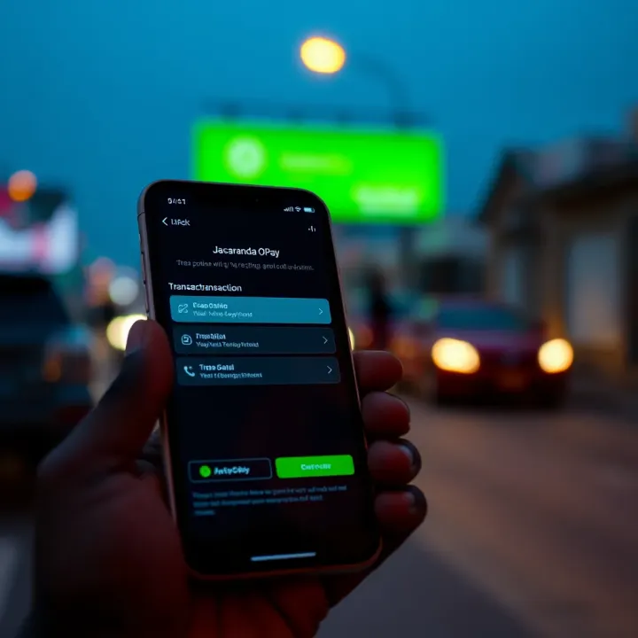 Mobile phone screen showing Jacaranda OPay app interface with transaction options