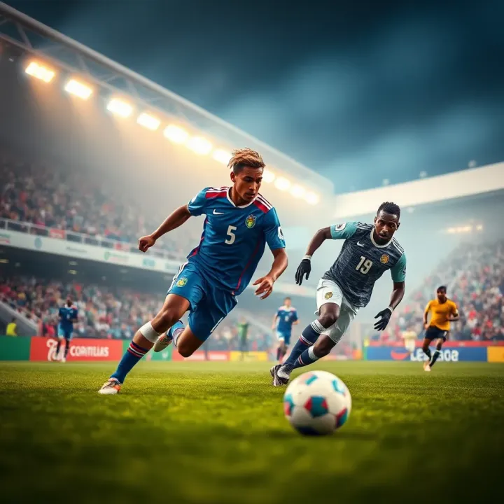Dynamic football players competing intensely on the field with a vibrant stadium crowd