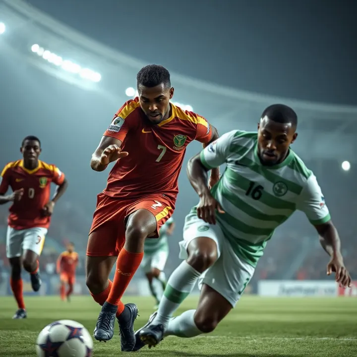 Nigerian football players competing intensely in a Jacaranda Premier League match