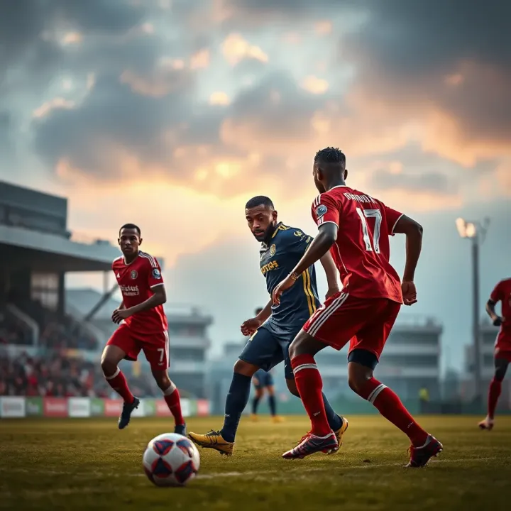Football players in action on a vibrant stadium pitch showcasing dynamic match moments