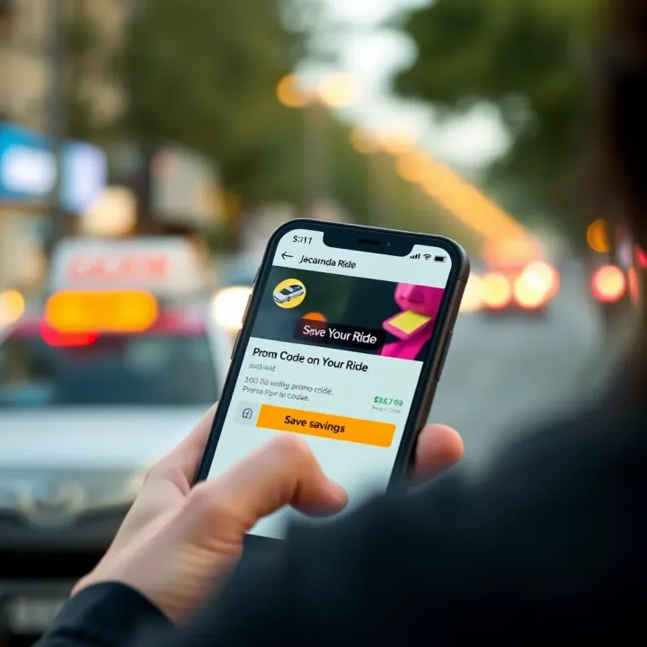 Mobile phone screen displaying a Jacaranda ride booking with promo code applied and savings highlighted