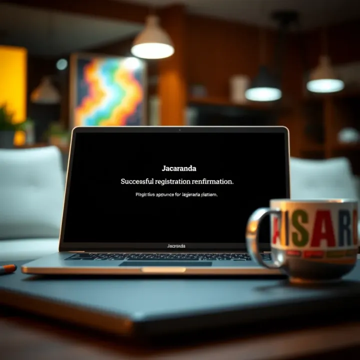Illustration of a laptop displaying a successful registration confirmation message on the Jacaranda platform