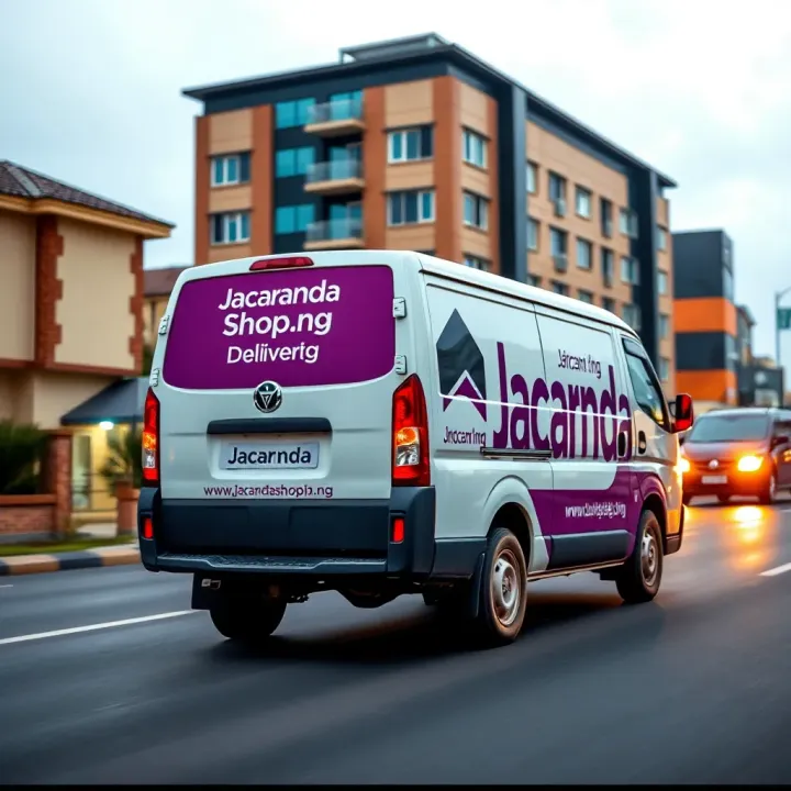 Delivery van with Jacaranda Shop.ng branding on the road representing fast shipping services