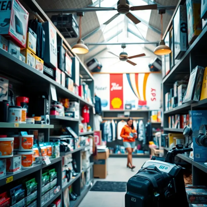 Display of diverse products including electronics, fashion items, and home goods inside Jacaranda Shop