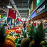 Wide aisles filled with diverse products ranging from fresh produce to electronics in a modern shopping facility