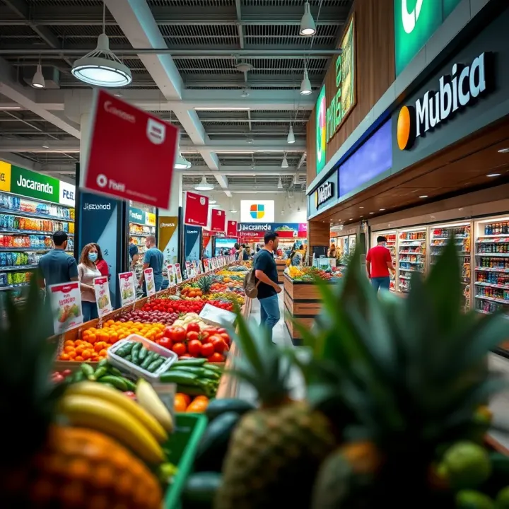 Wide aisles filled with diverse products ranging from fresh produce to electronics in a modern shopping facility